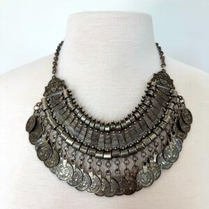 Vintage Silver Tone Turkish Coin Bib Necklace